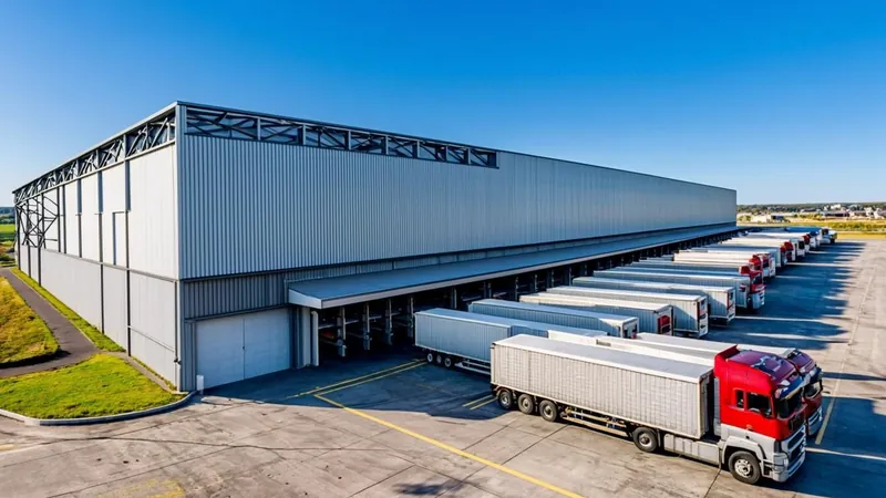 Modern agricultural processing facility with trucks surrounded by farmland