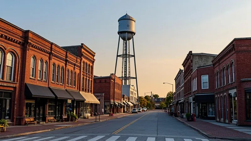 Small town main street with brick storefronts and a water tower