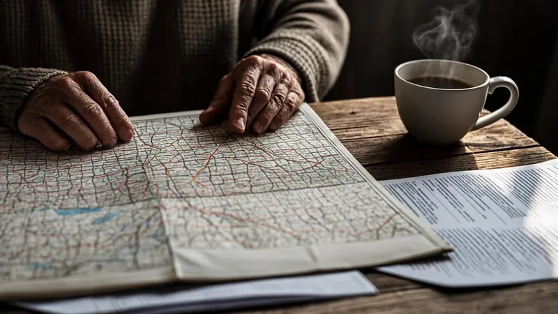 Person studying a paper map and census documents at a farmhouse table