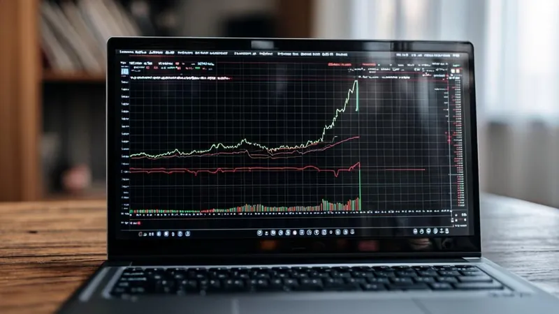 Laptop screen showing colorful stock market candlestick charts