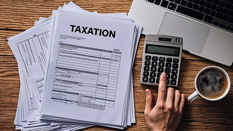 Overhead view of tax documents, laptop and calculator on wooden desk