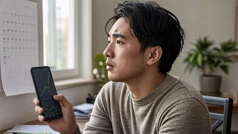 Person checking a wall calendar while holding a smartphone stock chart