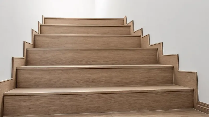 Wooden staircase with sunlight casting distinct shadows across each step