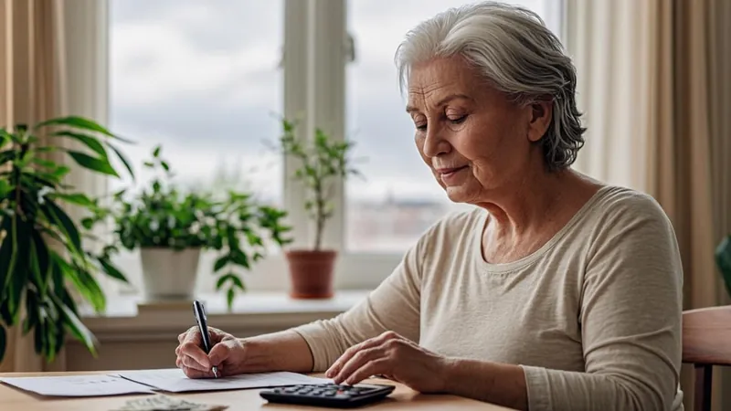 Senior woman working through a budget with a calculator by a sunny window