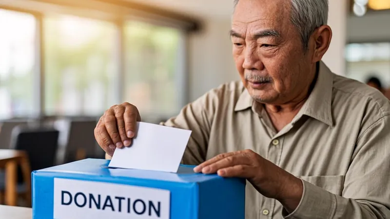 Older man placing a donation envelope into a blue charity box