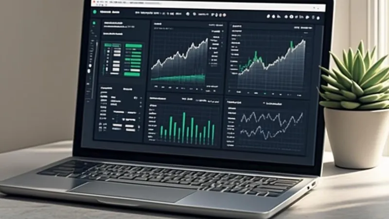 A laptop with an automated portfolio app and a small plant on a clean 