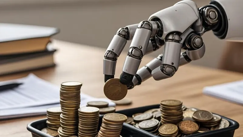 A small robot arm sorting colorful coins into two trays