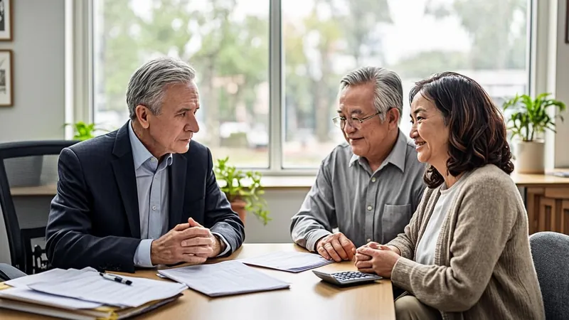 Senior couple reviewing retirement plans with an advisor in an office