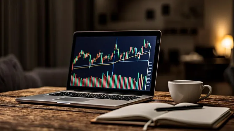 Laptop screen showing financial charts in a home office at night
