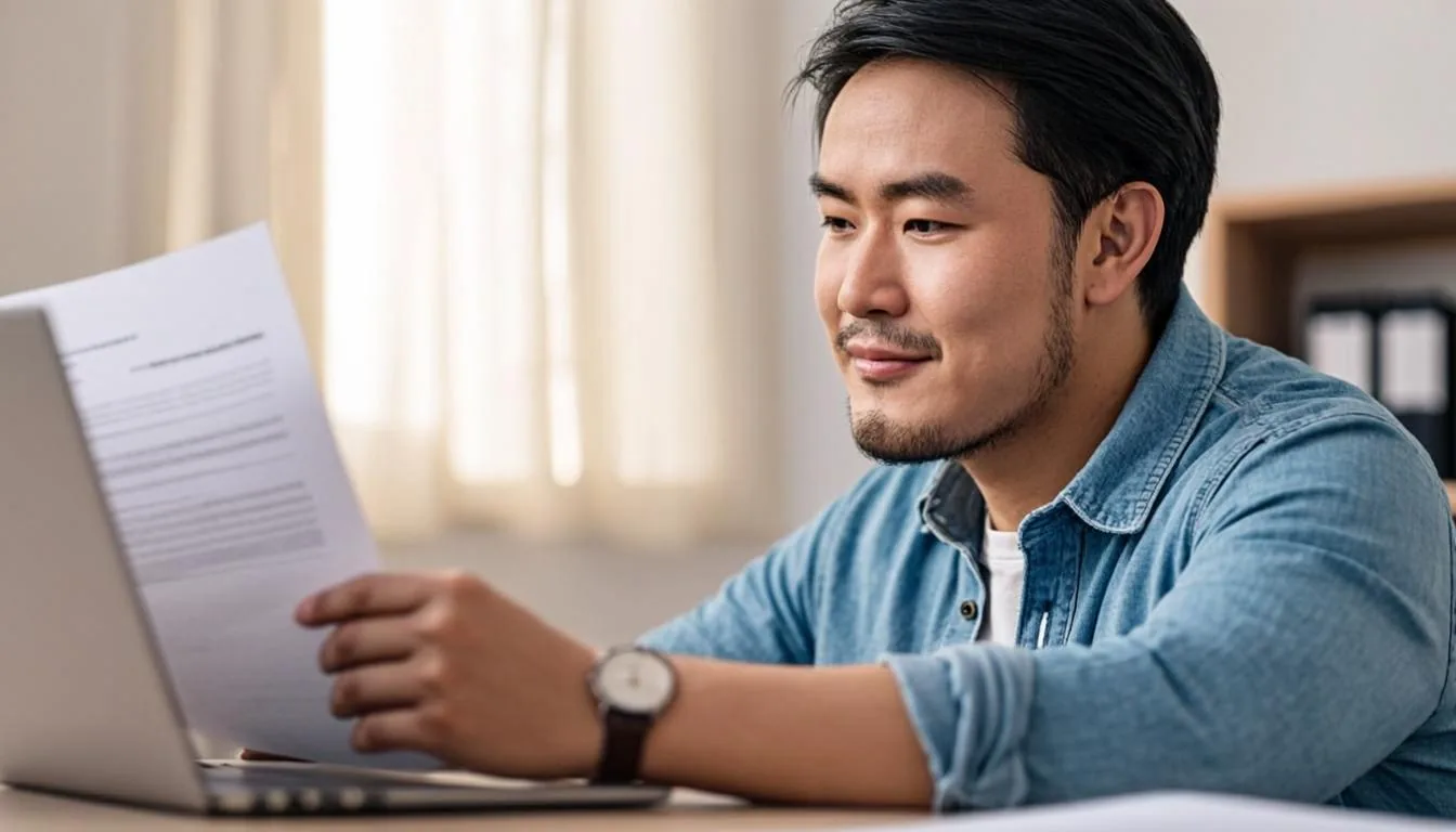 Employee reviewing an RSU vest statement beside a W-2 summary at a home desk