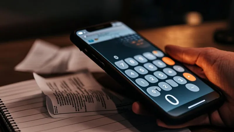 Hands using a calculator app beside receipts and a notebook