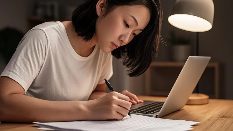 Person filling out a paper tax form at a home office desk at night