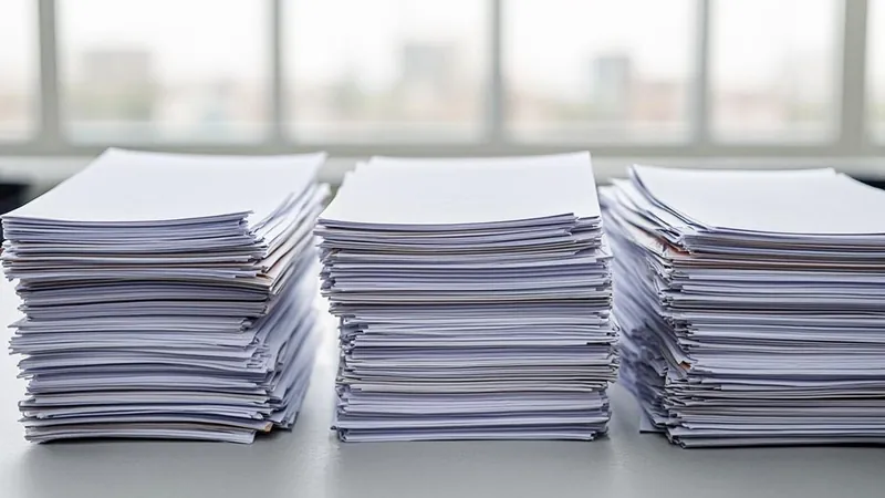 Three neat stacks of paper records arranged on a bright desk