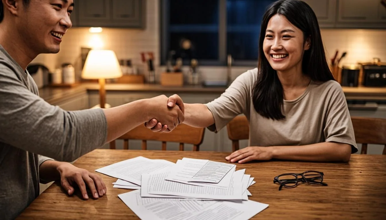 Seller and buyer signing an installment sale note at a kitchen table closing
