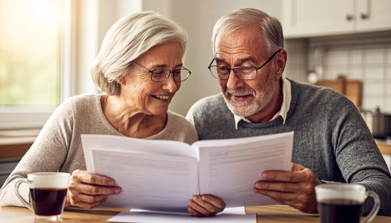 Retired couple reviewing investment paperwork together at their kitchen table