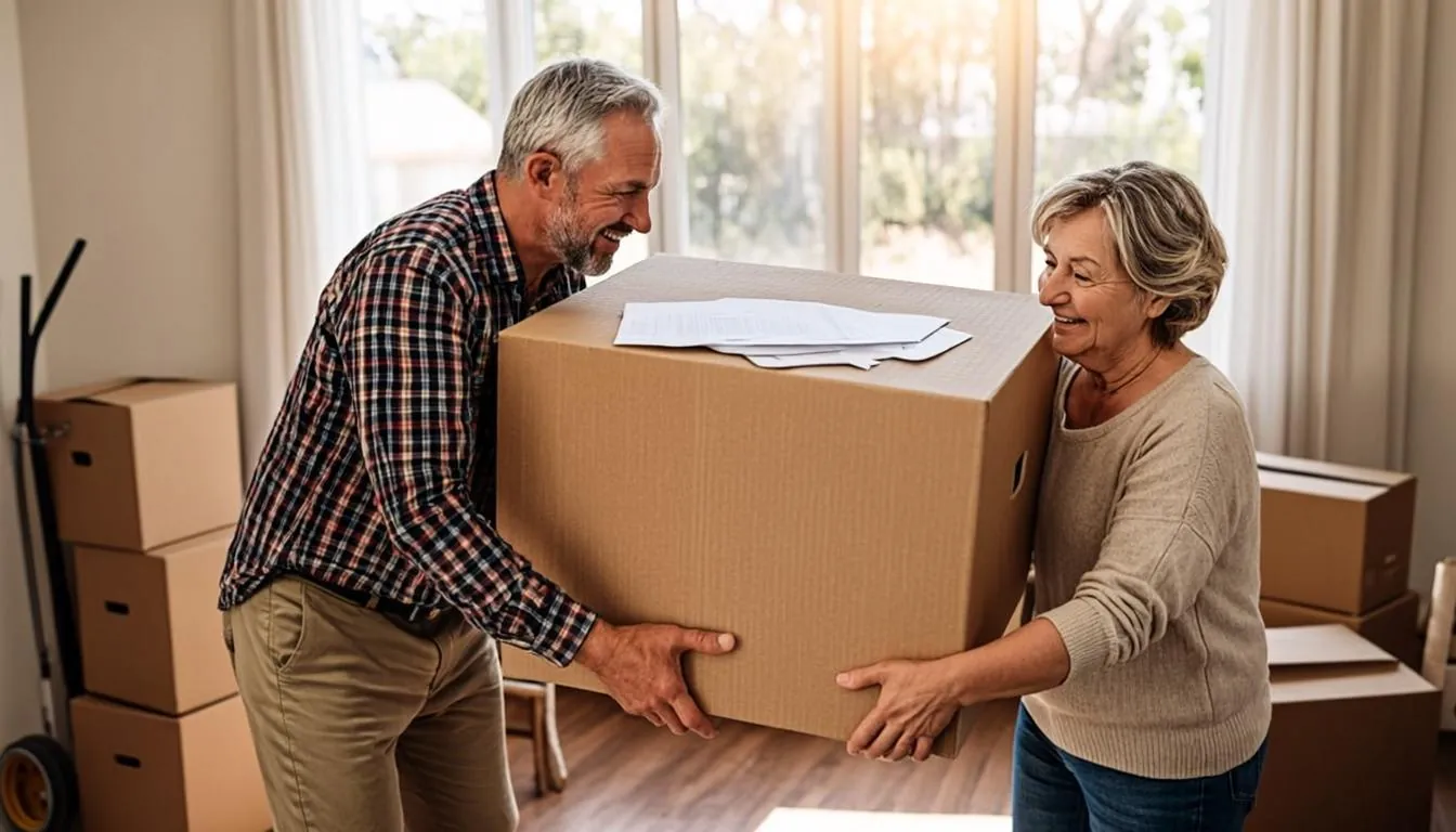 Retired couple walking through a home they just sold with folders of sale documents