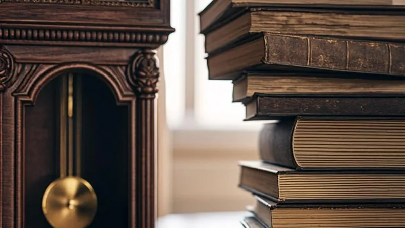 A grandfather clock beside a stack of old photo albums