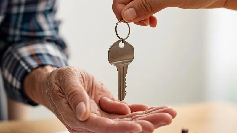 A house key passing between two generations of hands