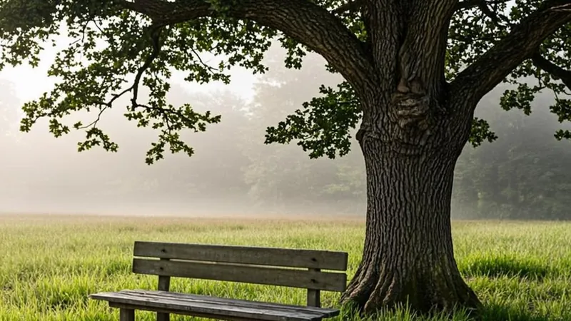 A calm garden bench under an old oak tree in morning light