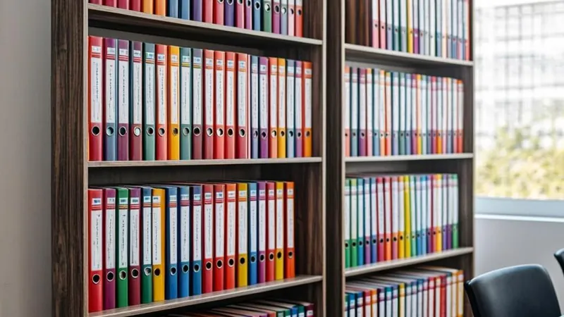 Two shelves sorting colorful binders in a bright study room