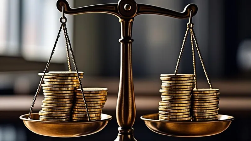 A balanced scale weighing two stacks of coins on a desk