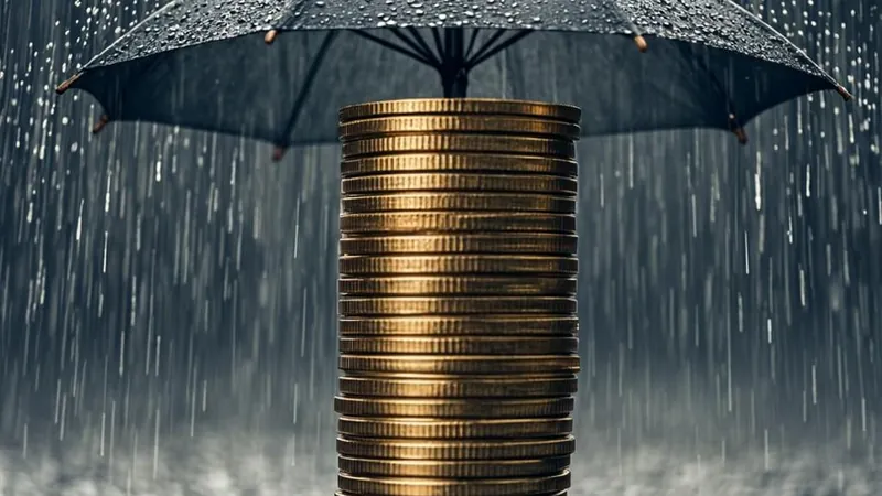 An umbrella sheltering stacks of coins from soft rain