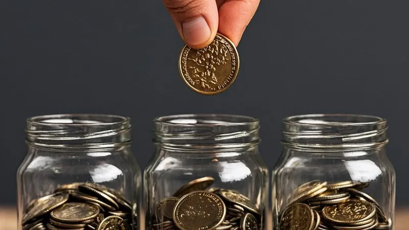 A hand placing a coin into one of three glass jars
