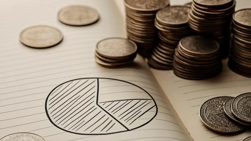 A pie chart drawn in a notebook beside coins on a desk