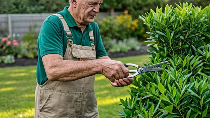 A gardener trimming an overgrown bush in a tidy garden
