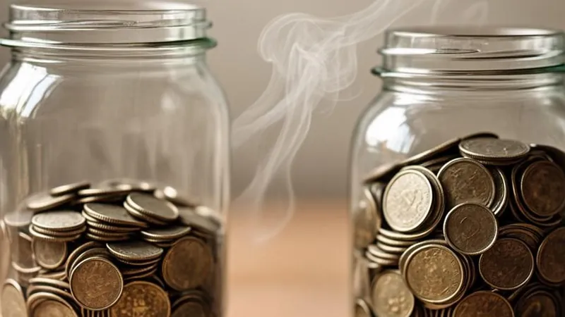 Coins flowing gently from one glass jar to another