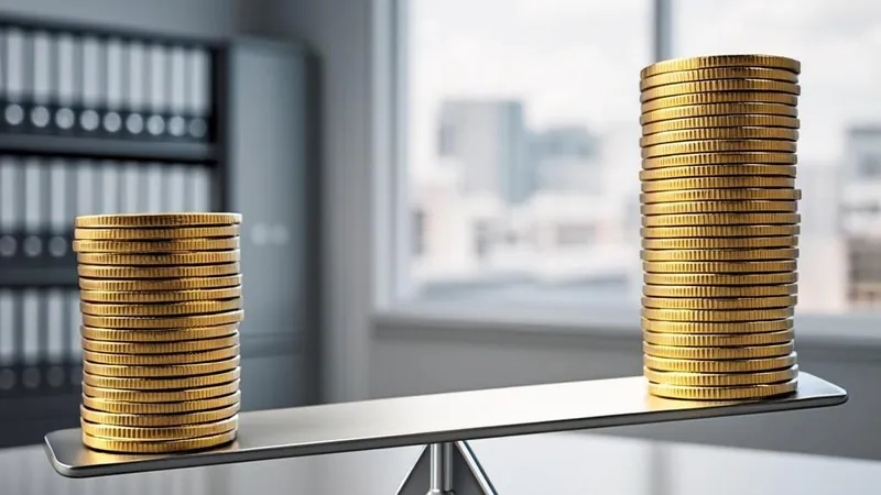 A seesaw balancing two stacks of coins in an office
