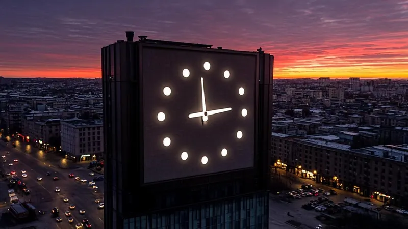 Large clock tower at sunset above a busy evening city street
