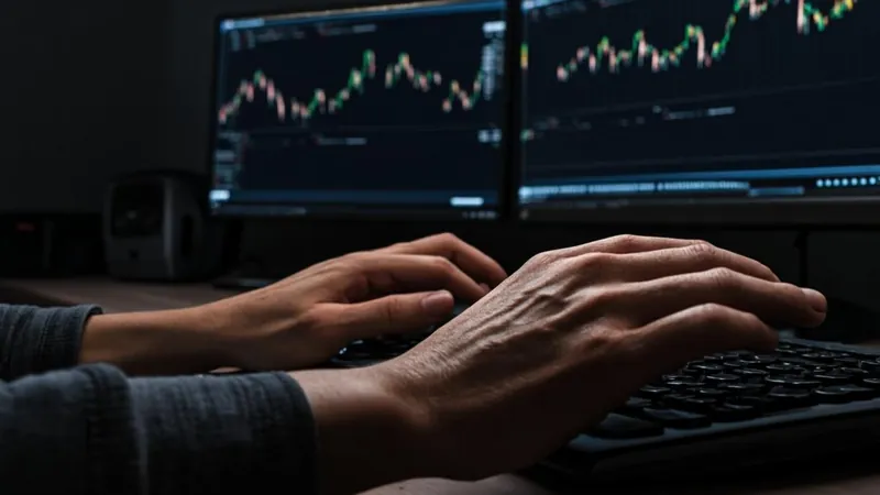 Hands typing on a keyboard in front of blurred candlestick charts