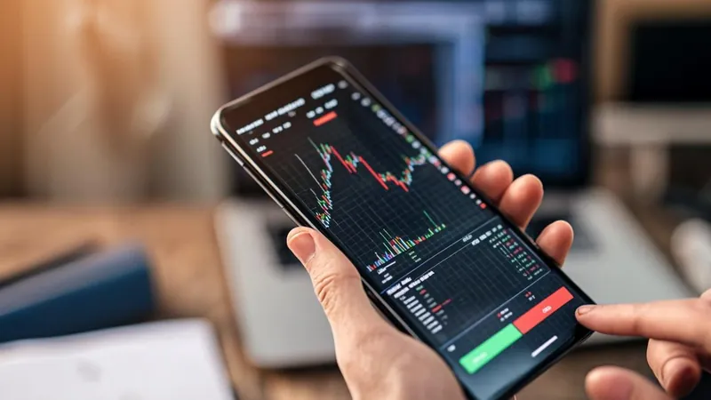 Person checking a cryptocurrency trading app on a smartphone near a laptop