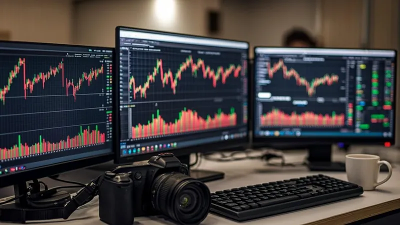 Trading desk with price charts on monitors showing red and green candles