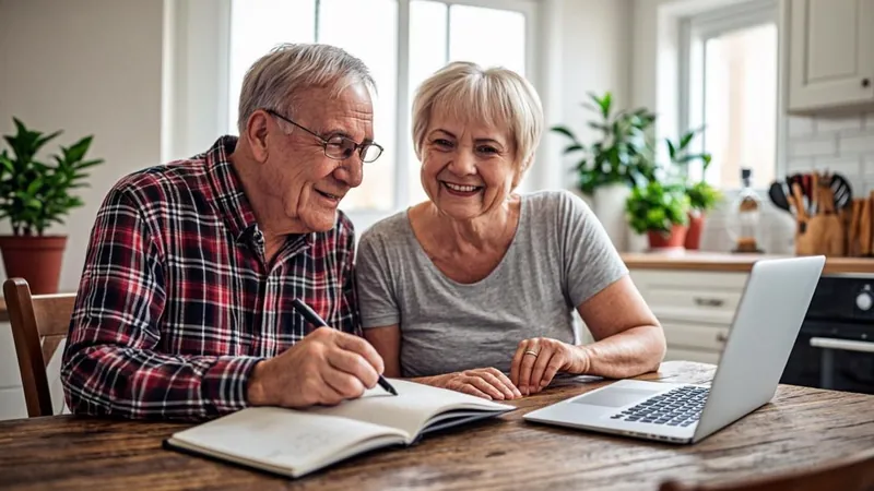 Retired couple planning investments together at a kitchen table with notebook