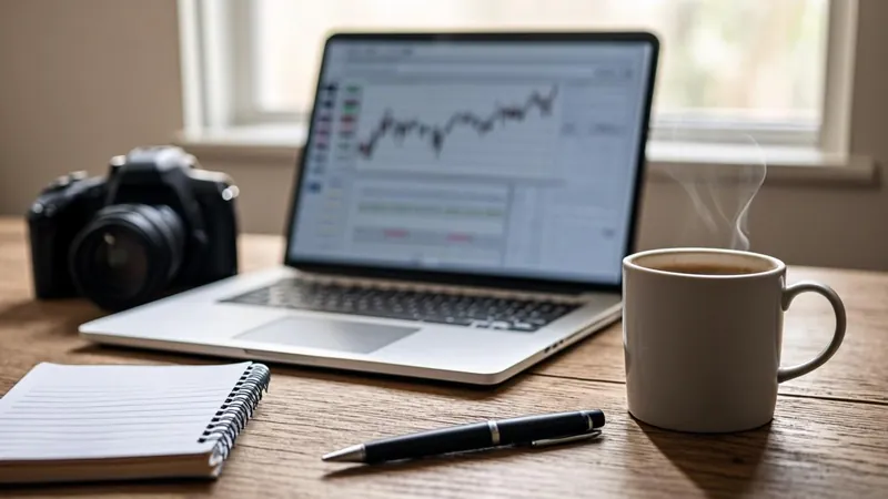Laptop screen with fund charts beside a cup of coffee on a home desk