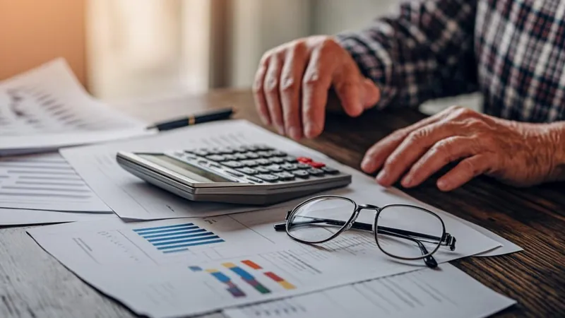 Retired person checking tax figures with a calculator and account papers