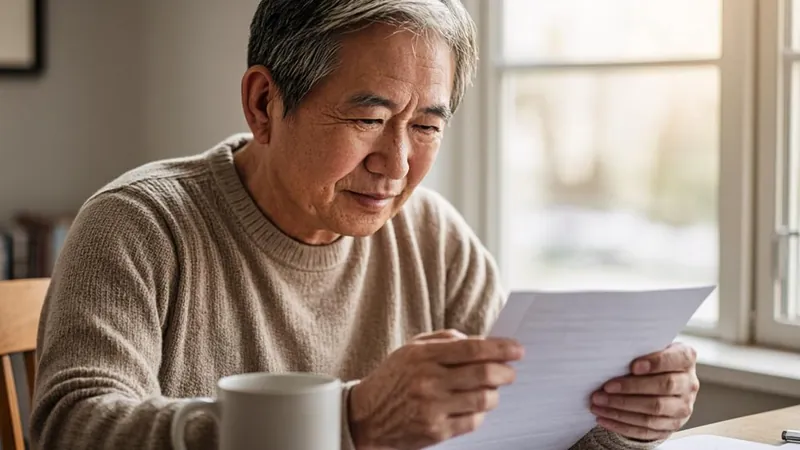 Older man reviewing benefit letters at a desk with coffee